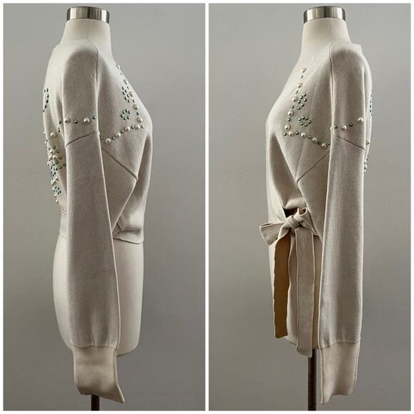 Wildfox Wilder Pearl Tie Wrap Sweater Embellished Beaded Cropped Cream Large NWT - Picture 10 of 15